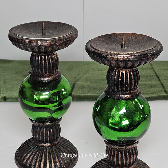 Vtg Rare Metallic Green Chunky Candlestick Candle Holder Set of 2 Festive Decor - Picture 8 of 12